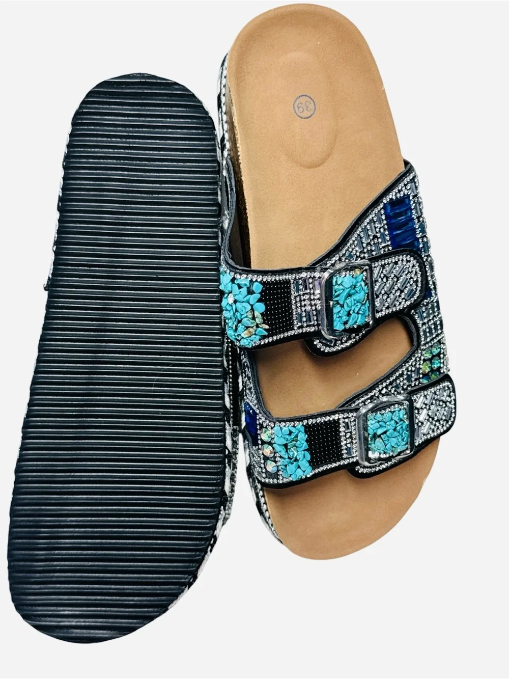 Women's Bohemian Beaded Rhinestone Double Buckle Platform Slide Sandals